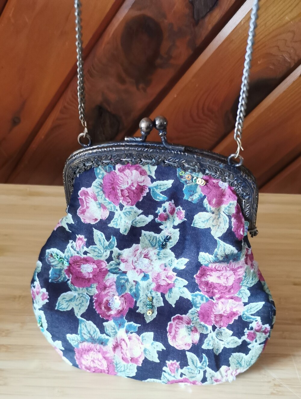 Vintage Floral Kiss Lock Evening Purse Victorian Style Chain Handbag
